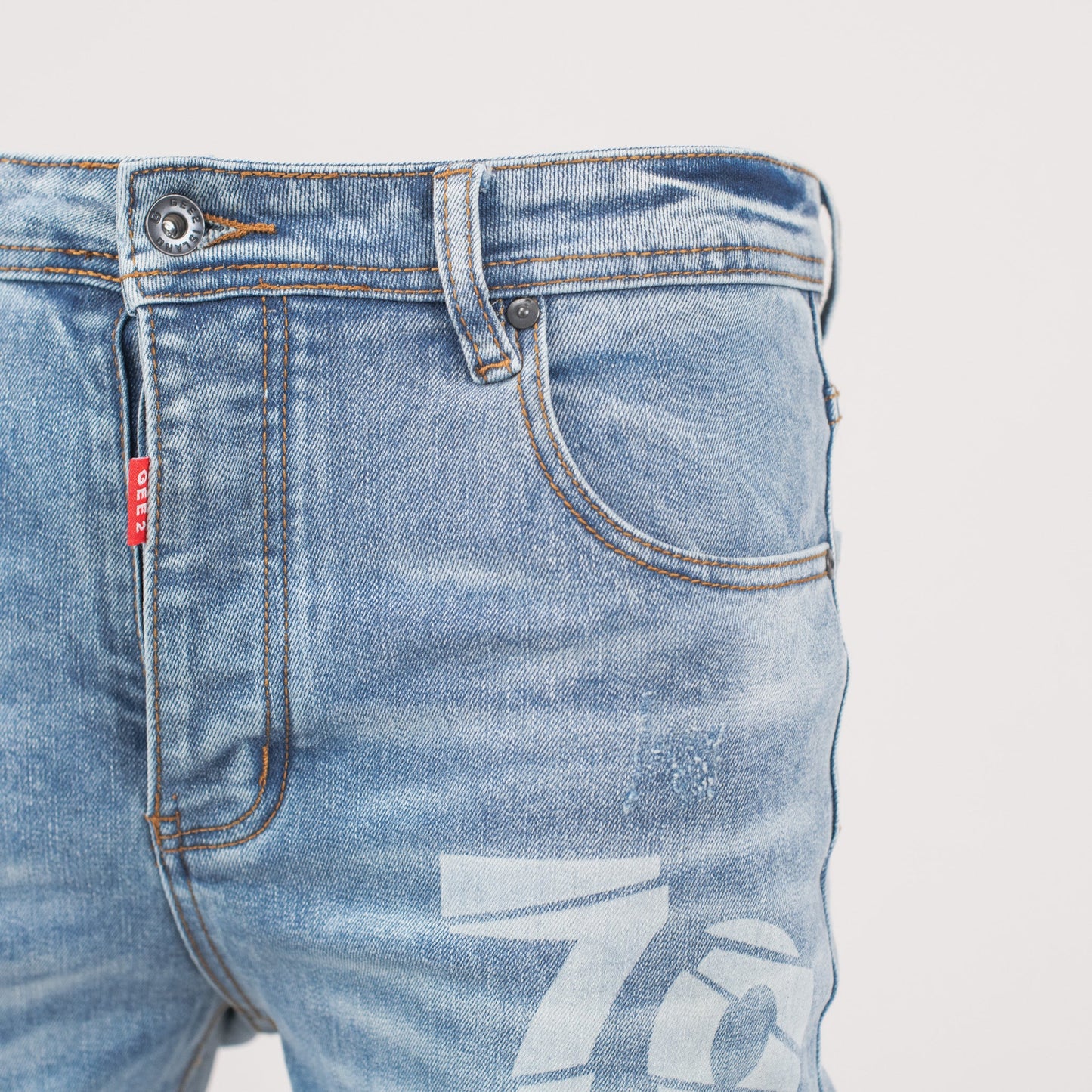 GEE2 Distressed “79” Graphic Slim Fit Denim Jeans