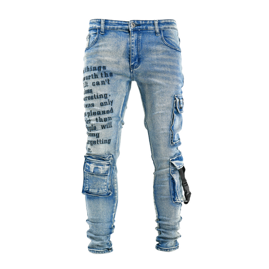 Men’s Graffiti Tactical Cargo Denim Jeans – Blue Wash