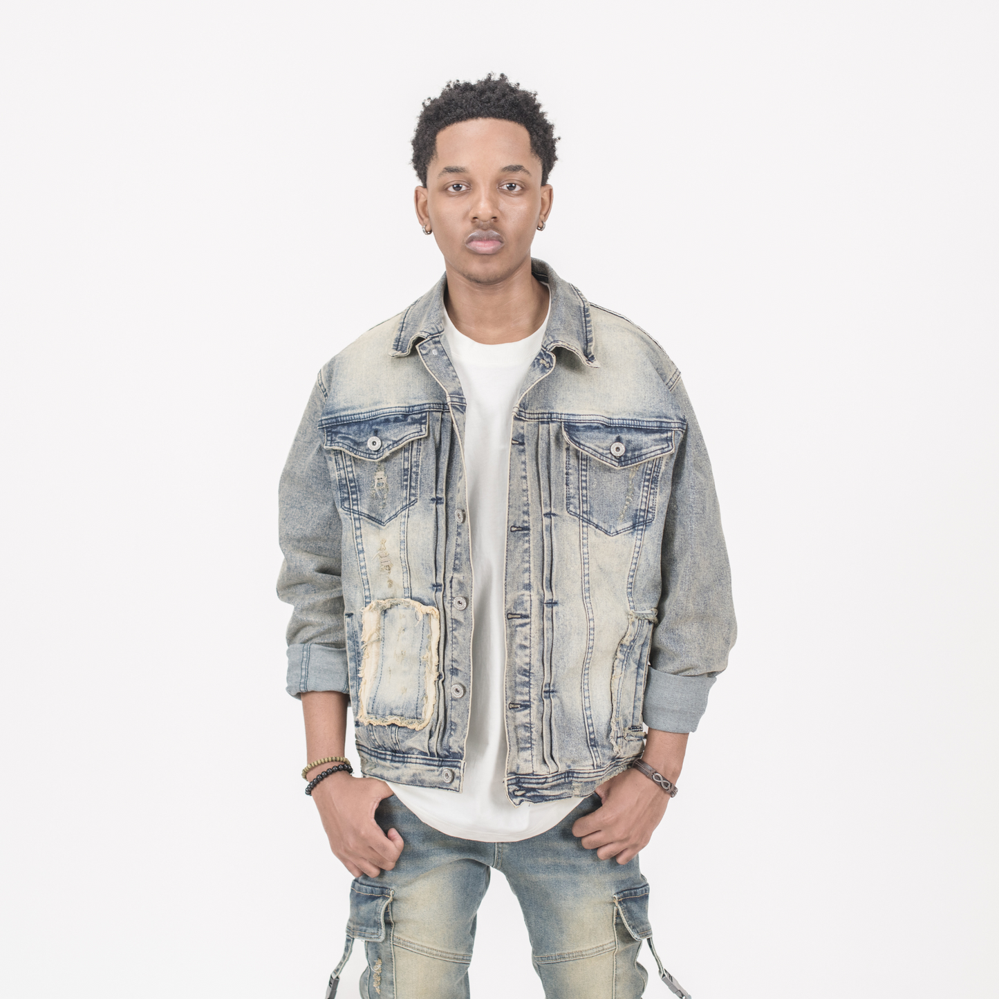 Urban Fade Distressed Patchwork Denim Jacket