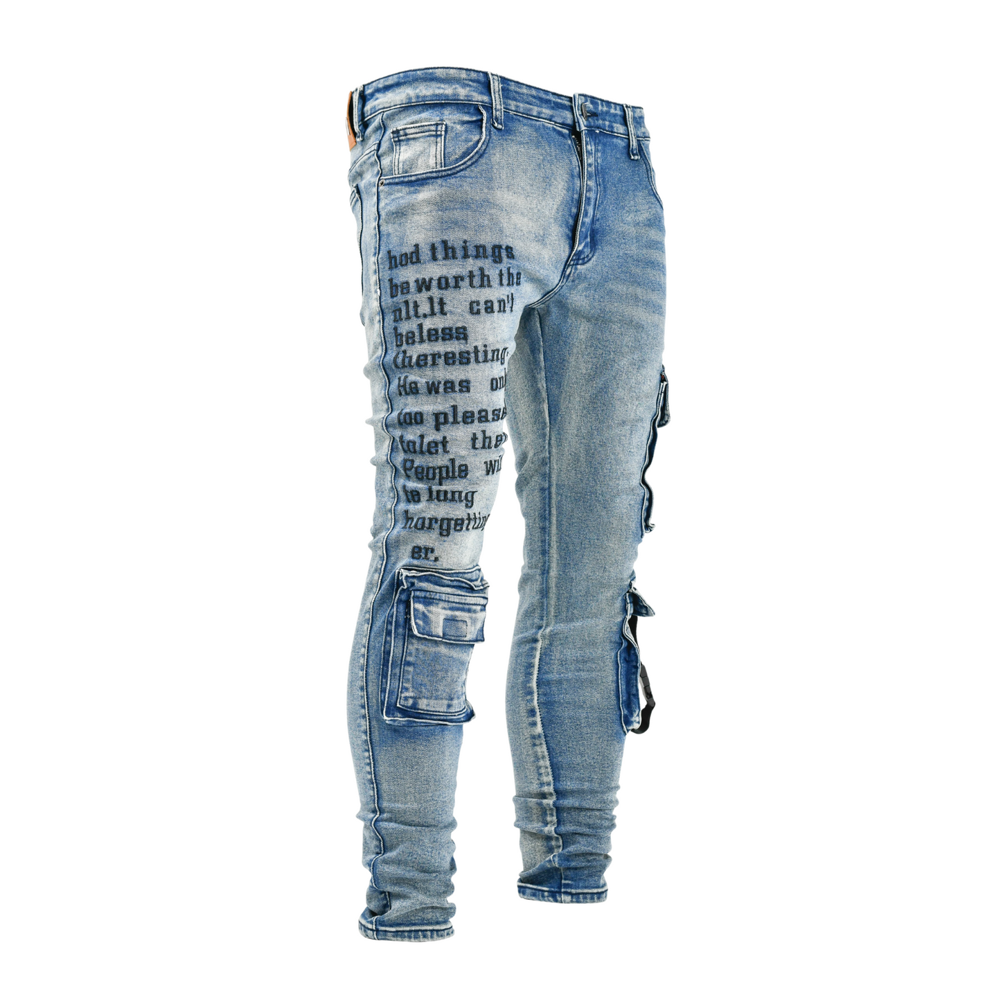Men’s Graffiti Tactical Cargo Denim Jeans – Blue Wash