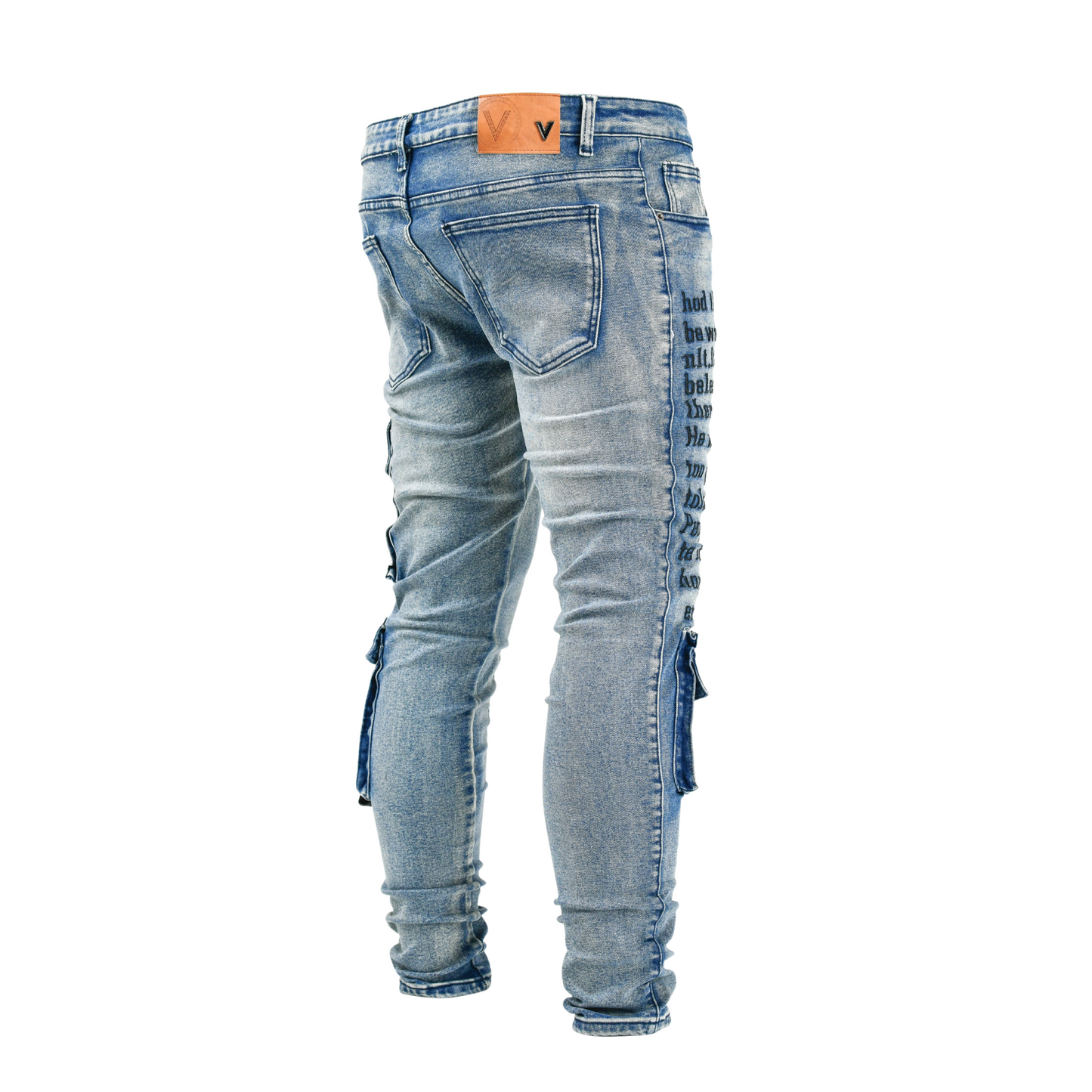 Men’s Graffiti Tactical Cargo Denim Jeans – Blue Wash