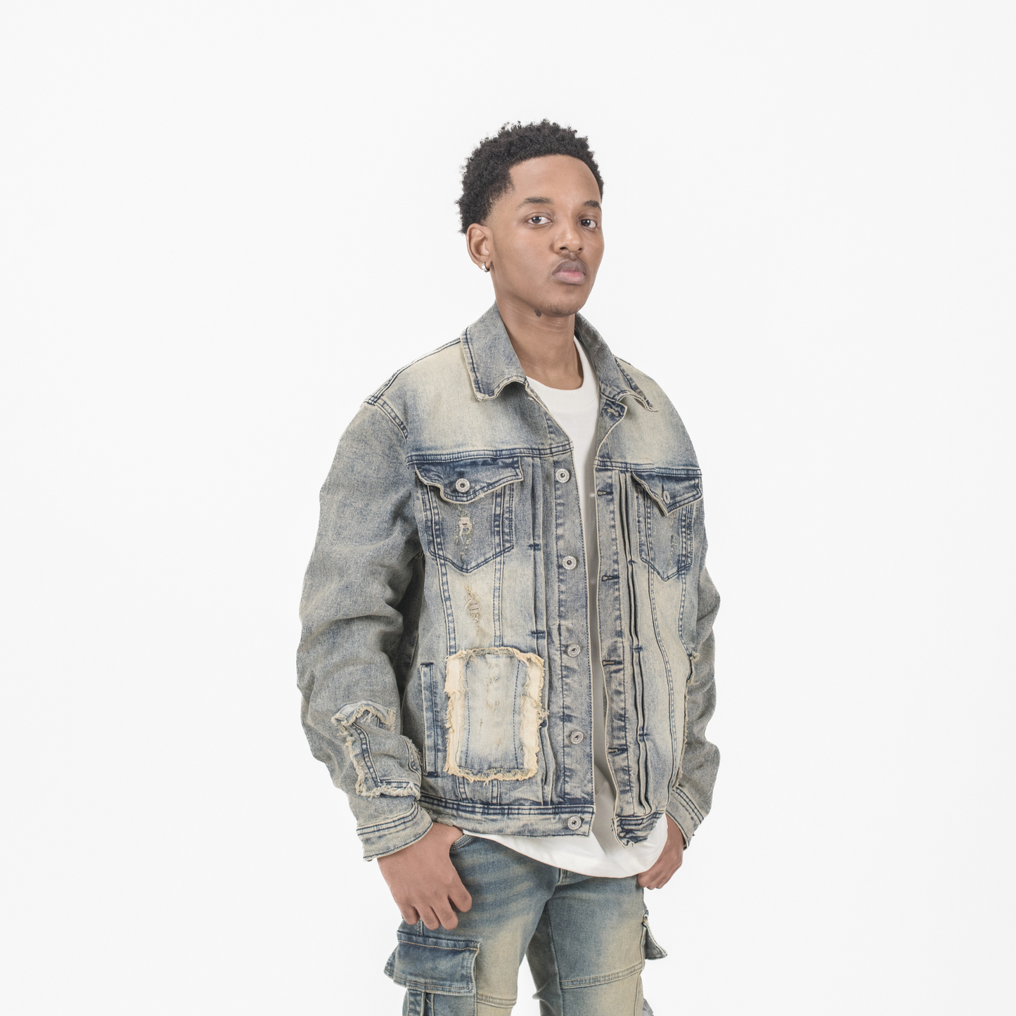 Urban Fade Distressed Patchwork Denim Jacket