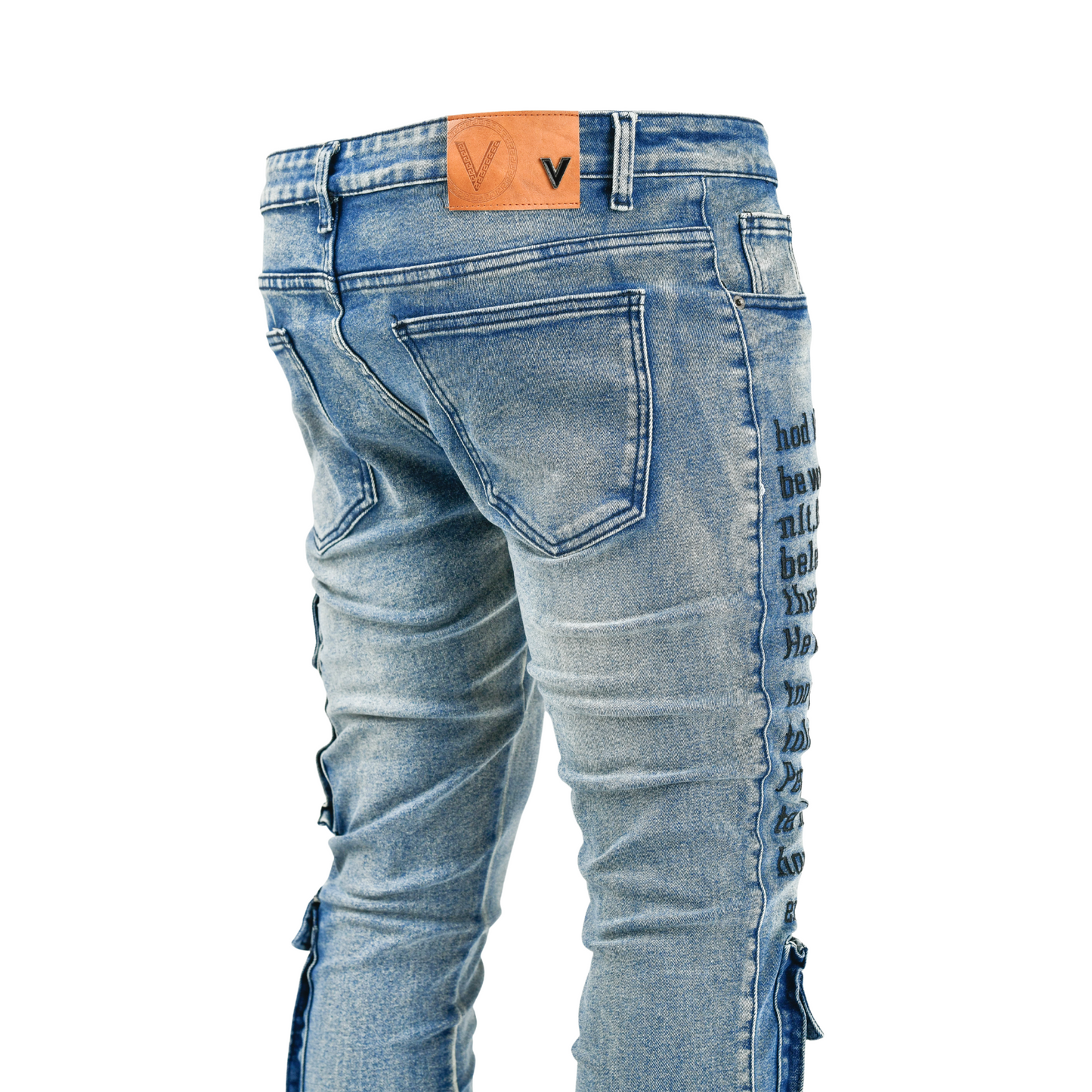 Men’s Graffiti Tactical Cargo Denim Jeans – Blue Wash