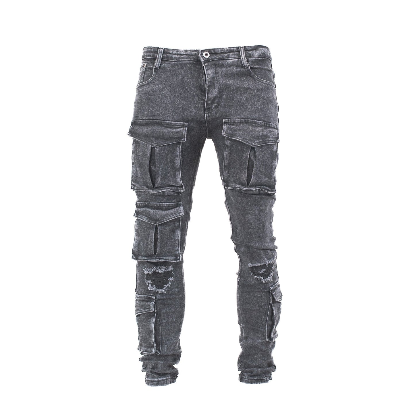 Men’s Shadow Black Multi-Pocket Distressed Cargo Denim