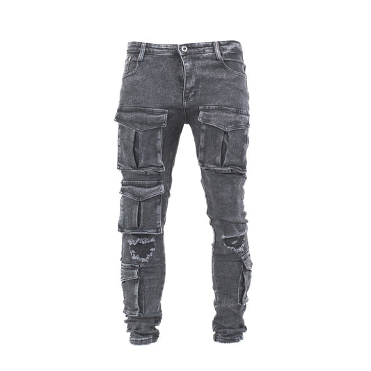 Men’s Shadow Black Multi-Pocket Distressed Cargo Denim