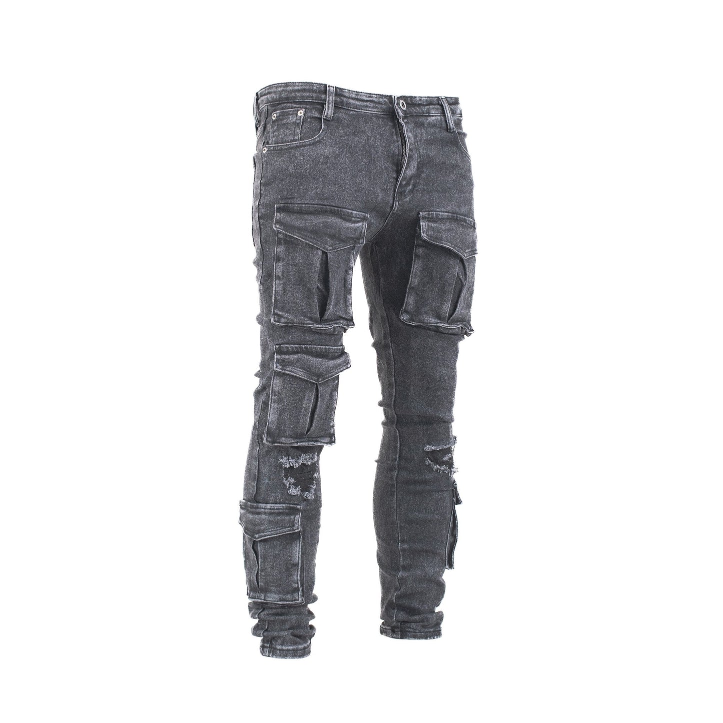 Men’s Shadow Black Multi-Pocket Distressed Cargo Denim