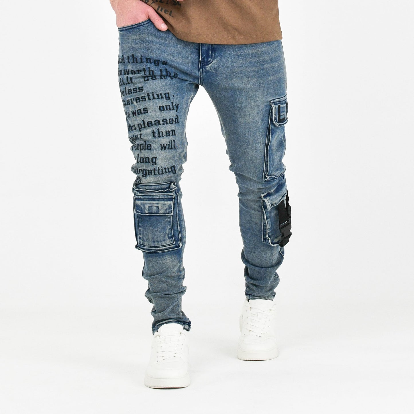 Men’s Graffiti Tactical Cargo Denim Jeans – Blue Wash