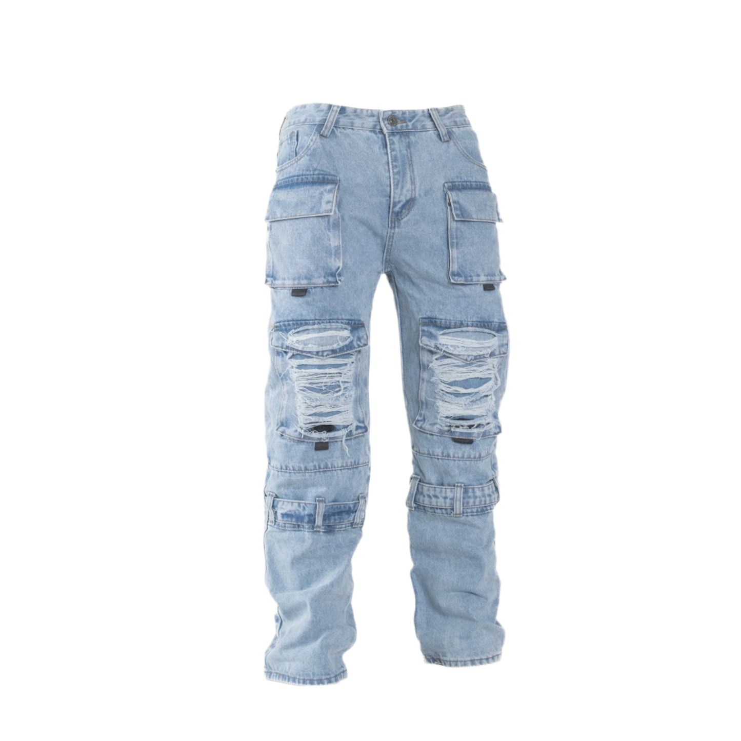 Tactical Distressed Multi-Pocket Cargo Jeans – Light Blue