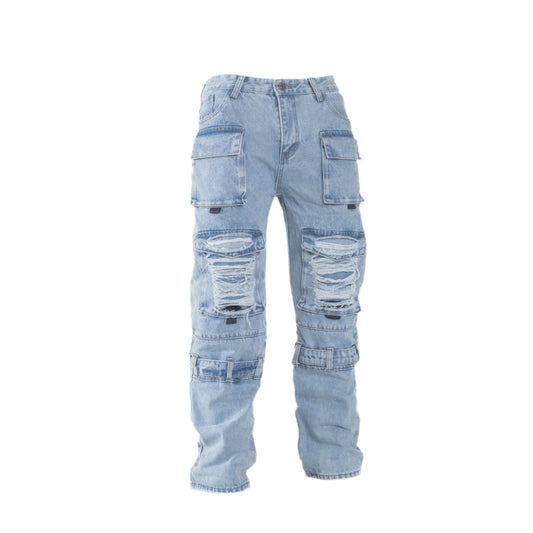 Tactical Distressed Multi-Pocket Cargo Jeans – Light Blue