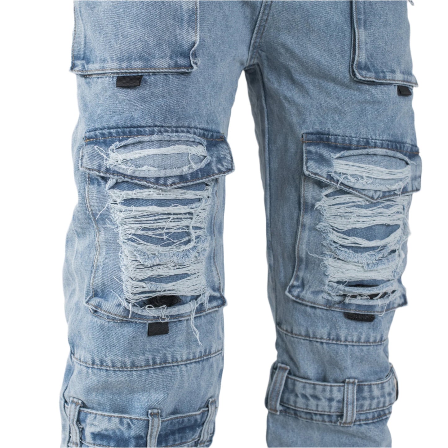 Tactical Distressed Multi-Pocket Cargo Jeans – Light Blue