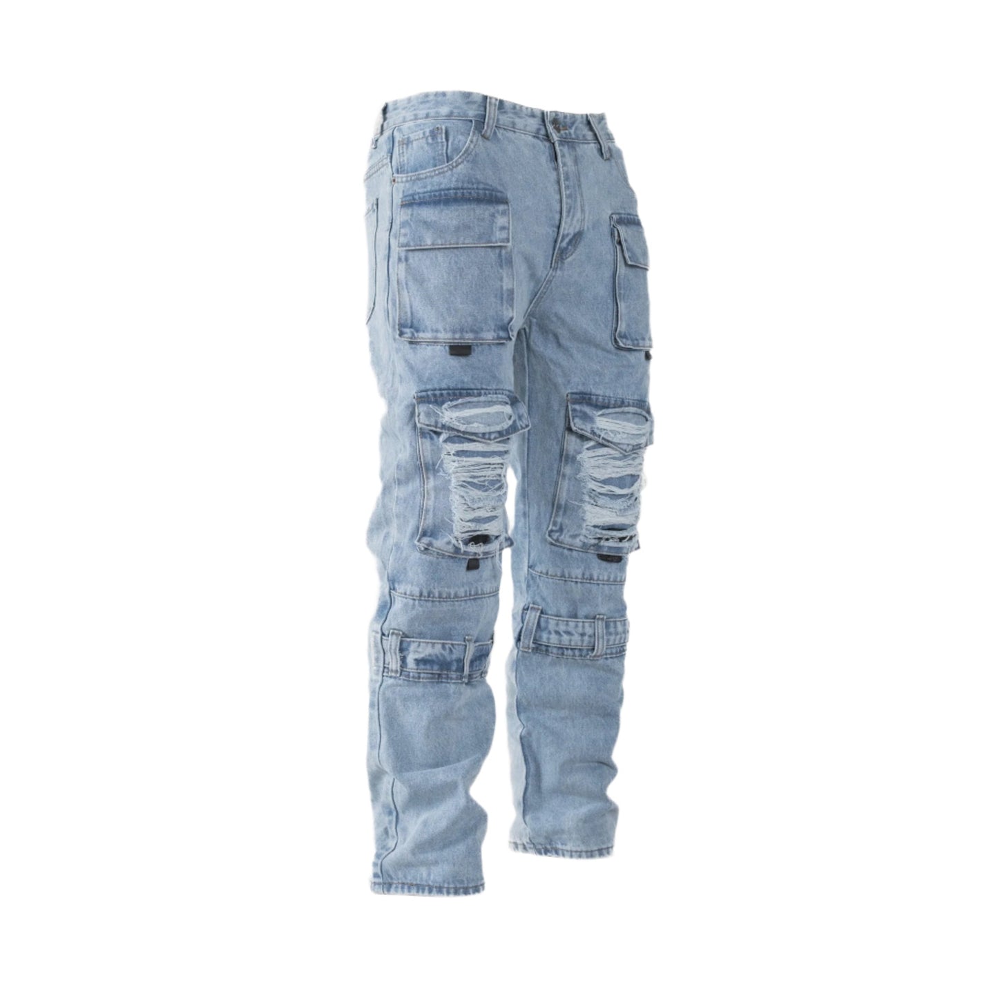 Tactical Distressed Multi-Pocket Cargo Jeans – Light Blue