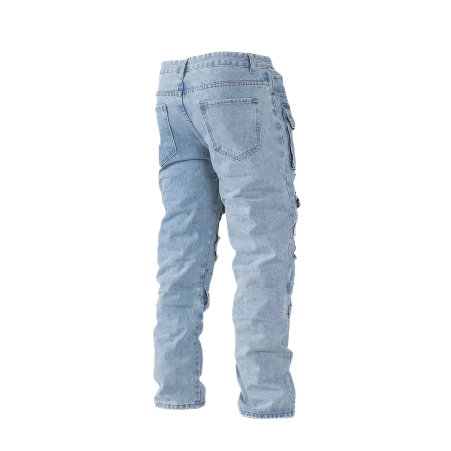 Tactical Distressed Multi-Pocket Cargo Jeans – Light Blue