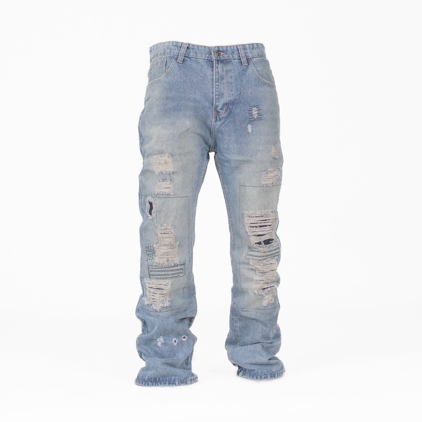 Men’s Rugged Distressed Patchwork Denim Jeans