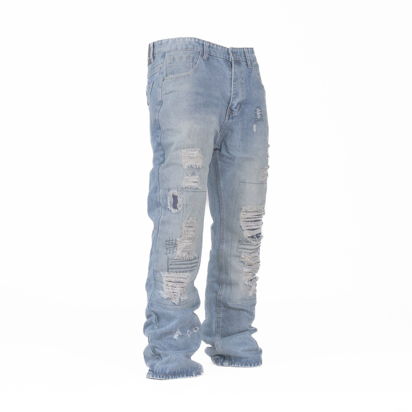 Men’s Rugged Distressed Patchwork Denim Jeans