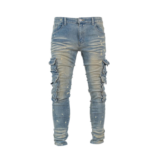 Men’s Vintage Wash Multi-Pocket Cargo Denim Jeans