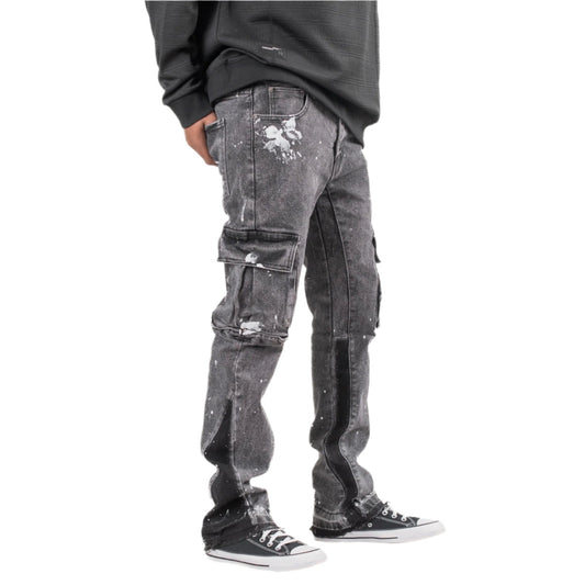 Black Acid Wash Cargo Jeans