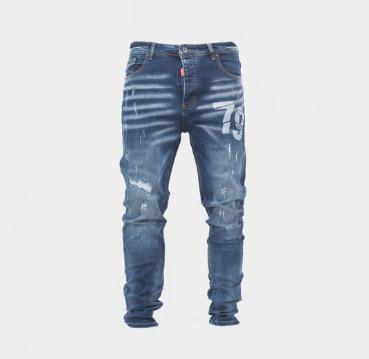 GEE2 Distressed “79” Graphic Slim Fit Denim Jeans