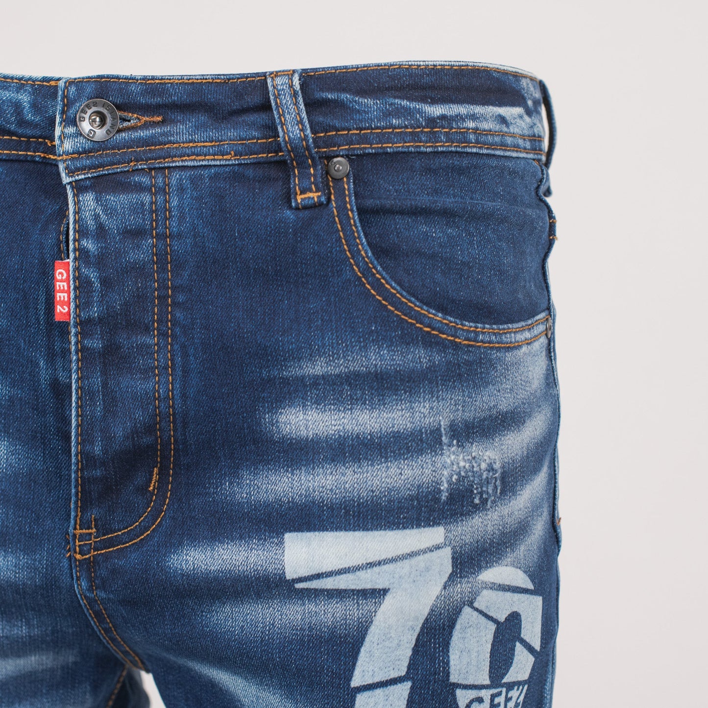 GEE2 Distressed “79” Graphic Slim Fit Denim Jeans