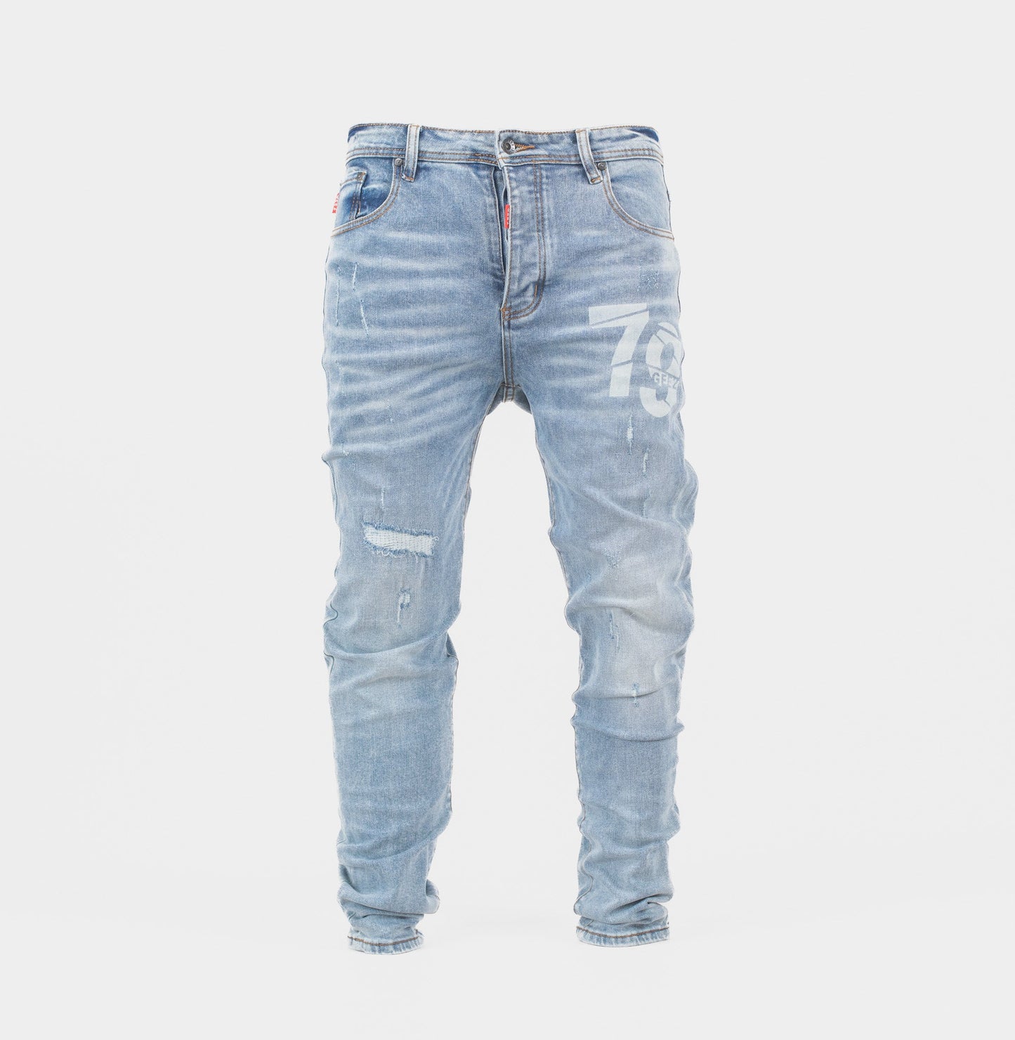 GEE2 Distressed “79” Graphic Slim Fit Denim Jeans