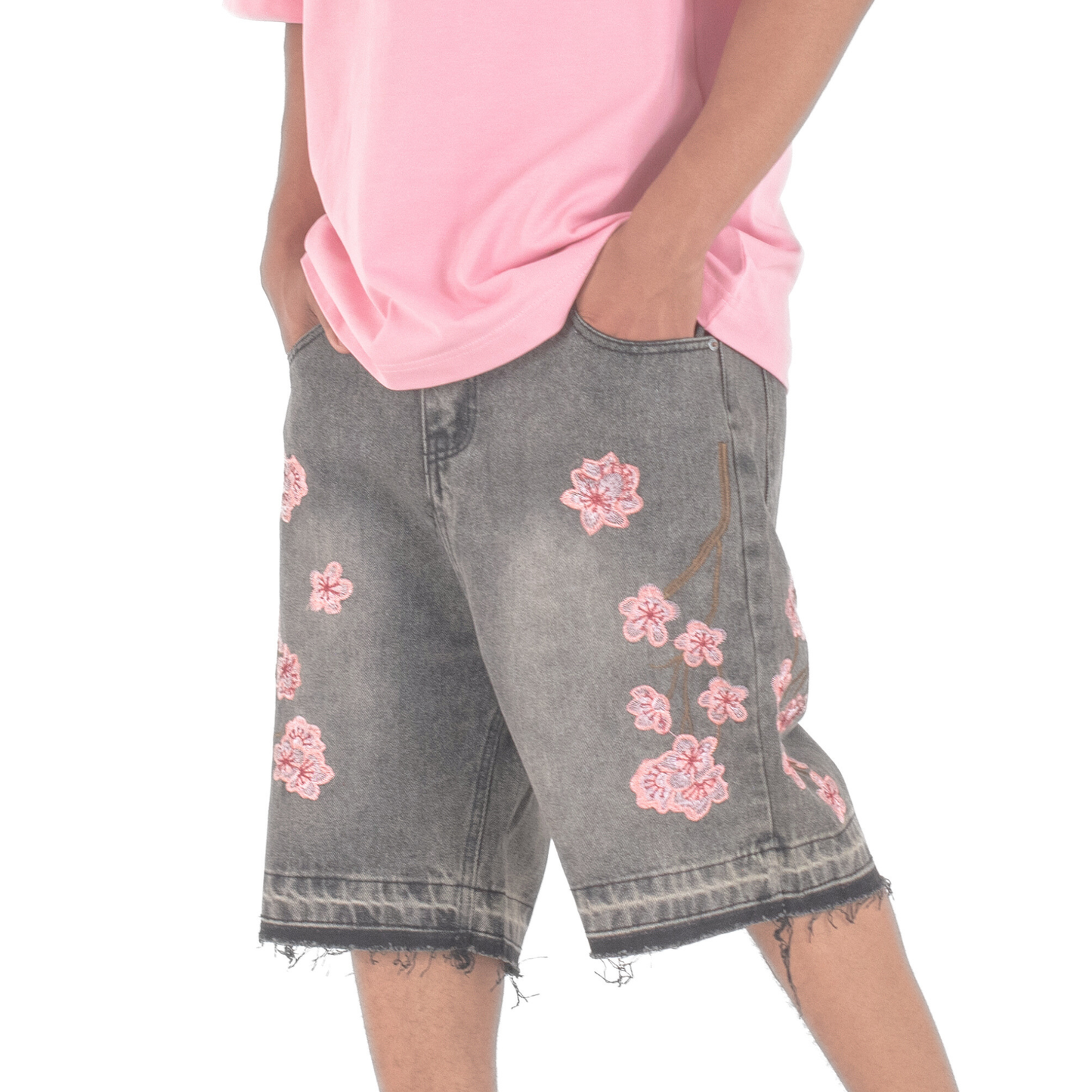 Sakura Bloom Embroidered Denim Shorts