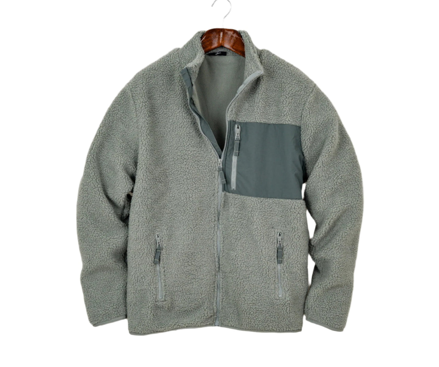 Men Pocket Front Zipper Teddy Jacket