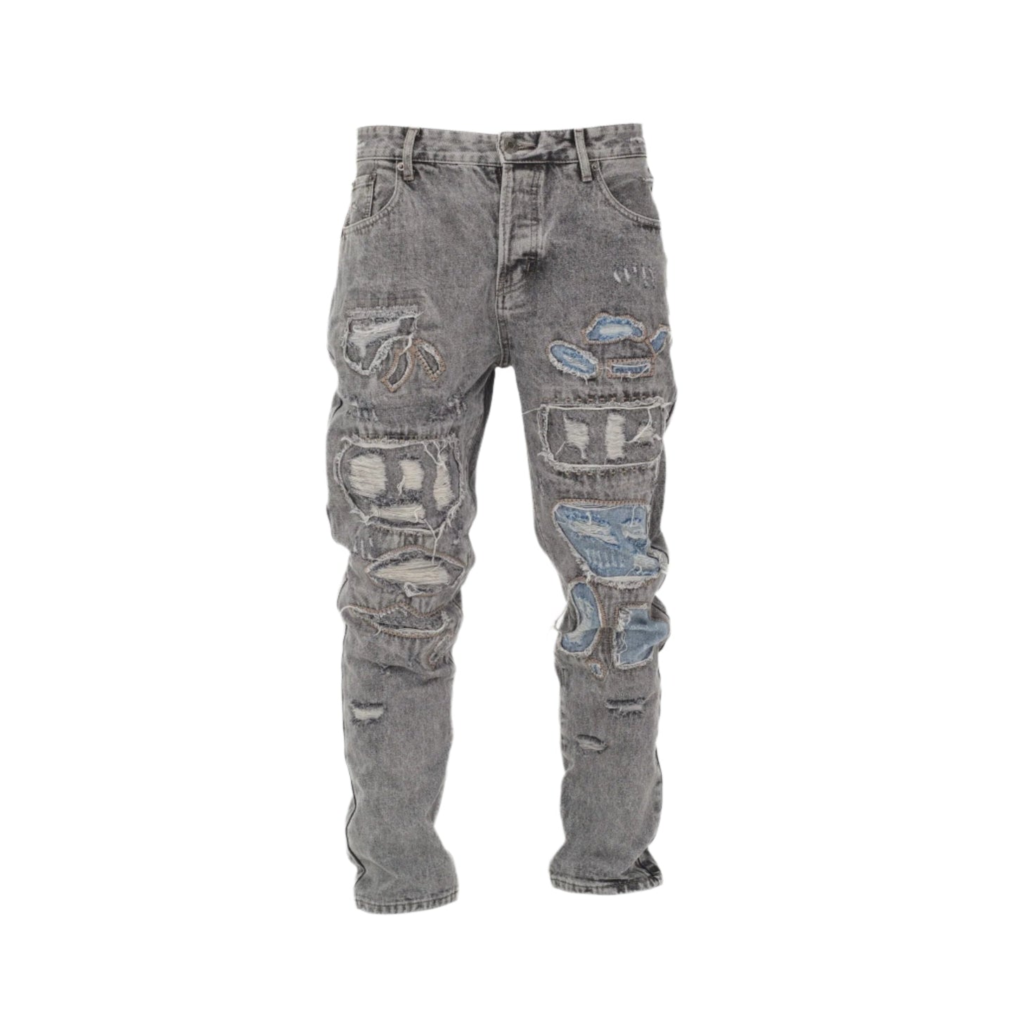 Men Vintage Distressed Ripped Straight Cut Non Stretch Denim Jeans.
